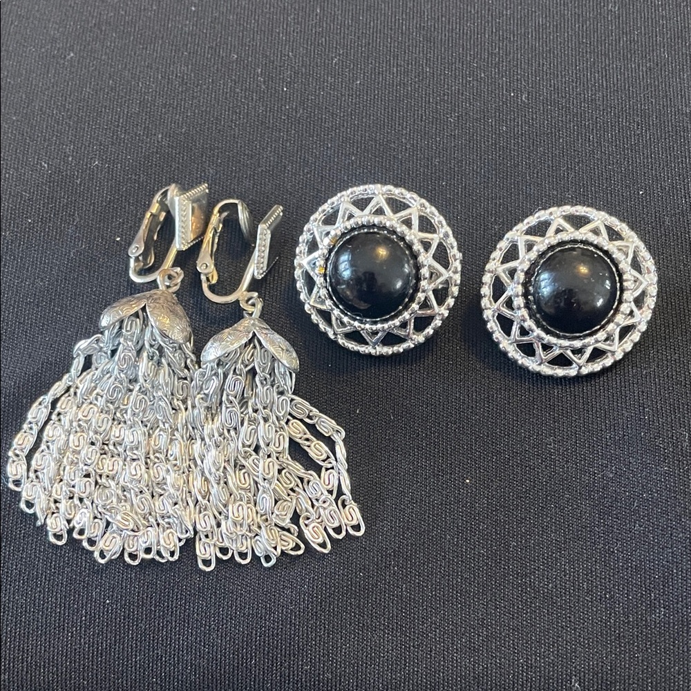 Vintage Sarah Coventry Set of 2 Elegant Silver and Black Clip-On Earrings
